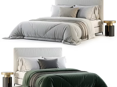 Double Bed Designs With Light Gray And Dark Green Bedding And Bedside Tables 3d model