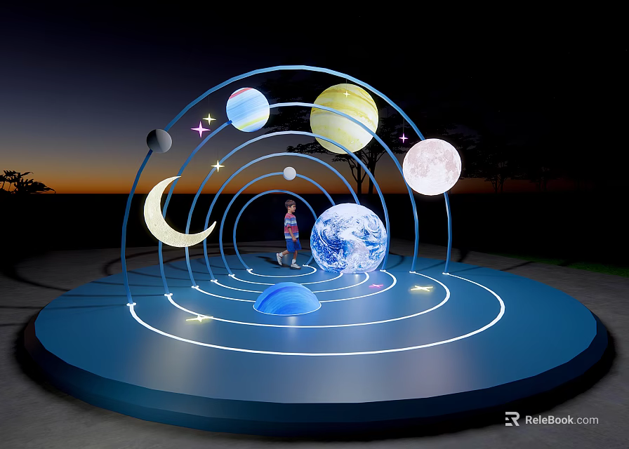 Outdoor Decorative Lights With Arched Design Planets Moon Stars And Circular Platform 3d model 
