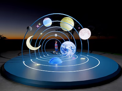 Outdoor Decorative Lights With Arched Design Planets Moon Stars And Circular Platform 3d model