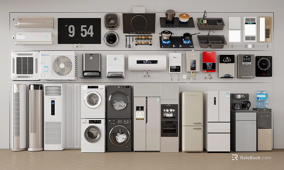Essential Modern Household Appliances Wall Display Including Refrigerator Washing Machine And Air Conditioner 3d model 