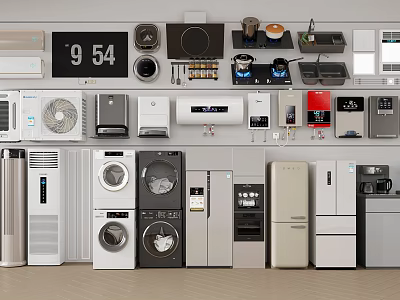 Essential Modern Household Appliances Wall Display Including Refrigerator Washing Machine And Air Conditioner 3d model