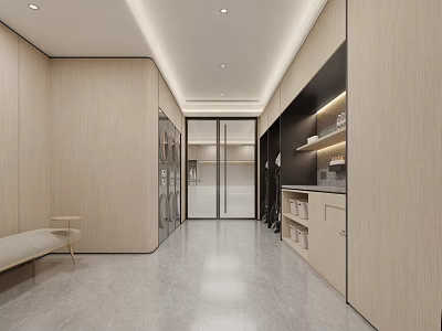 Modern Walk-in Closet Interior With Wooden Cabinets Glass Doors Bench And Storage Shelves 3d model