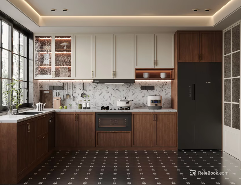 Modern Kitchen Interior With Island Counter Wooden Cabinets And Black Refrigerator 3d model 