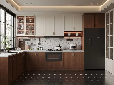 Modern Kitchen Interior With Island Counter Wooden Cabinets And Black Refrigerator 3d model