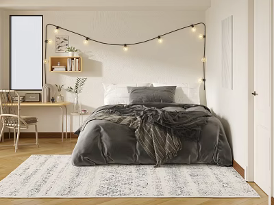 Cozy Modern Bedroom Interior With Gray Bedding String Lights Area Rug And Desk Chair 3d model