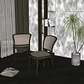 Stylish Leisure Chairs With Rattan Back Seat And Dark Legs Gray Wall Green Plant