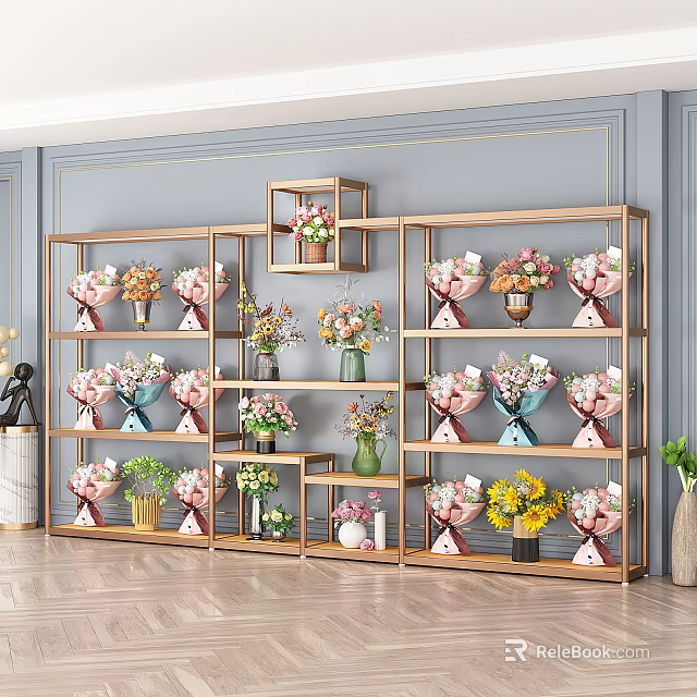 Wooden Display Shelves with Arranged Flower Bouquets and Green Potted Plants for Floral Shop 3d model 