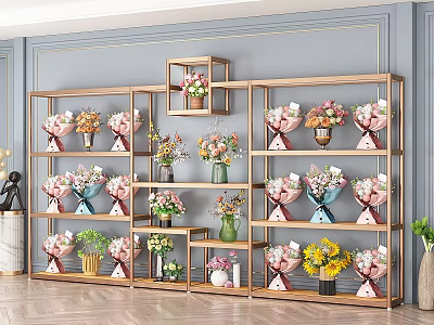 Wooden Display Shelves with Arranged Flower Bouquets and Green Potted Plants for Floral Shop 3d model