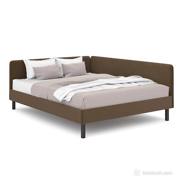 Brown Double Bed with Headboard Featuring White Pillows and Light Duvet 3d model 