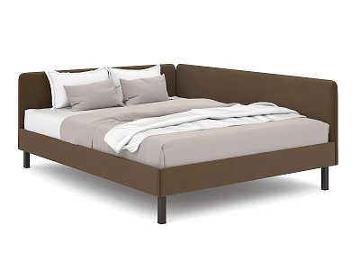 Brown Double Bed with Headboard Featuring White Pillows and Light Duvet 3d model