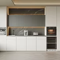 Modern White Wine Cabinet in Kitchen with Grey Panels and Marble Backsplash