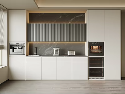Modern White Wine Cabinet in Kitchen with Grey Panels and Marble Backsplash 3d model