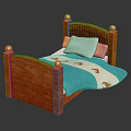 Single Bed With Wooden Frame Round Decorative Knobs Blue Quilt And Pillows 3d model