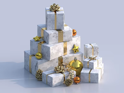 White Gift Boxes Stacked As Tower With Gold Ribbons Stars And Ornaments 3d model