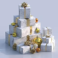 White Gift Boxes Stacked As Tower With Gold Ribbons Stars And Ornaments