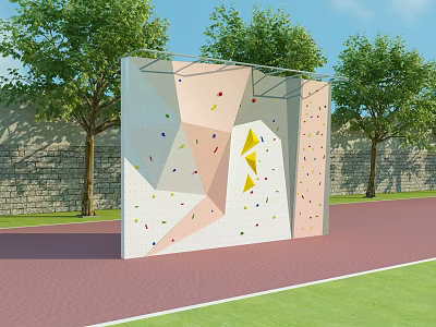 Outdoor Sports Equipment Climbing Wall With Colorful Holds Next To Running Track And Trees 3d model