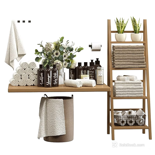 Organized Daily Washing Essentials With Folded Towels Green Plants On Wooden Shelf And Ladder Rack 3d model 