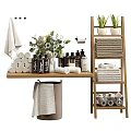 Organized Daily Washing Essentials With Folded Towels Green Plants On Wooden Shelf And Ladder Rack