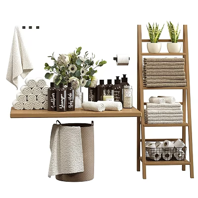 Organized Daily Washing Essentials With Folded Towels Green Plants On Wooden Shelf And Ladder Rack 3d model