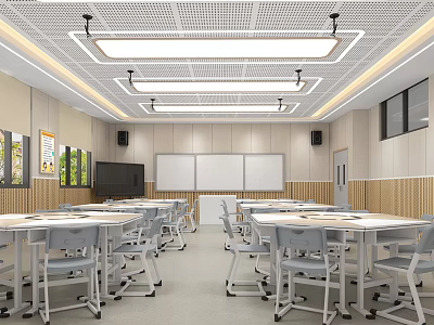 School Classroom With Modern Design Tables Chairs Whiteboards TV Screen And Bright Lighting 3d model