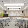 School Classroom With Modern Design Tables Chairs Whiteboards TV Screen And Bright Lighting