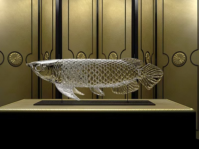 Transparent Crystal Fish Ornament With Black Base On Golden Geometric Background 3d model