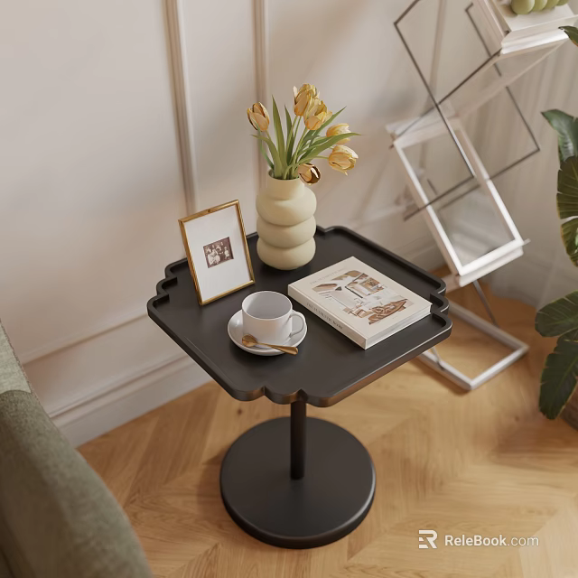 Black Scalloped Edge Side Table with Photo Frame Vase Yellow Flowers Coffee Cup and Book 3d model 