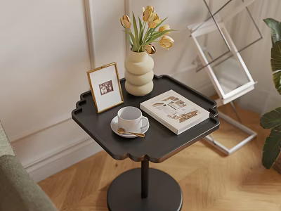 Black Scalloped Edge Side Table with Photo Frame Vase Yellow Flowers Coffee Cup and Book 3d model