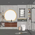 Modern Bathroom Interior With Round Backlit Mirror Wooden Vanity Glass Shower And Toilet