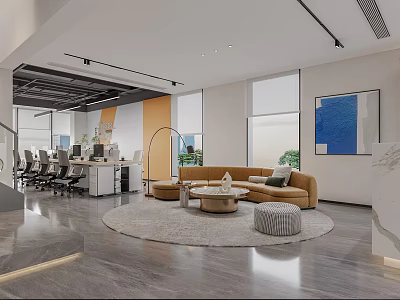 Modern Public Office Area With Open Layout Office Desks Sofa Rug And Floor To Ceiling Windows 3d model