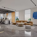 Modern Public Office Area With Open Layout Office Desks Sofa Rug And Floor To Ceiling Windows