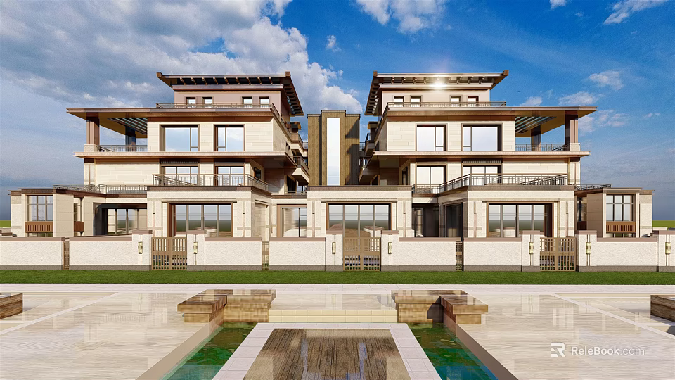 New Chinese Style Townhouse with Multi Story Design Balconies Large Windows and Courtyard Lawn 3d model 