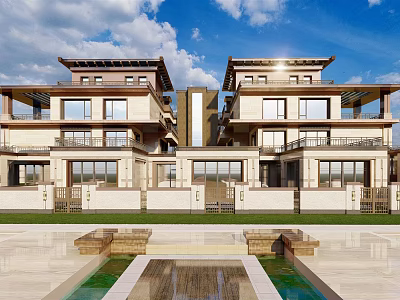 New Chinese Style Townhouse with Multi Story Design Balconies Large Windows and Courtyard Lawn 3d model