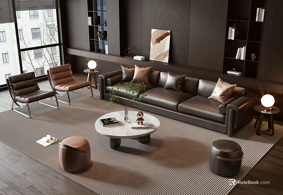 Elegant Modern Living Room Leather Sofa Coffee Table Set With Round Marble Top And Cushions 3d model 