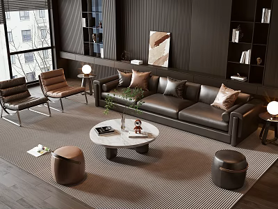 Elegant Modern Living Room Leather Sofa Coffee Table Set With Round Marble Top And Cushions 3d model