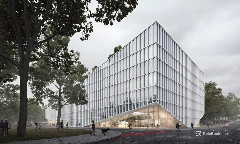 Modern Geometric Glass Facade School Building In Campus With Trees And Walkway 3d model 