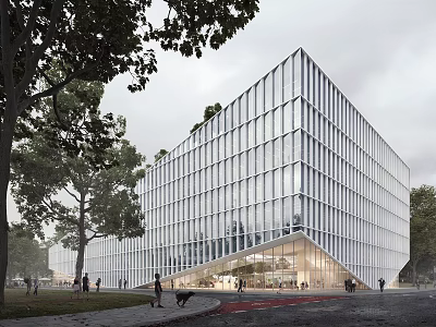 Modern Geometric Glass Facade School Building In Campus With Trees And Walkway 3d model