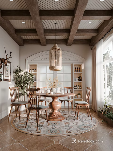 Dining Room Interior With Wooden Ceiling Pendant Lamp Round Table Large Windows And Plants 3d model 