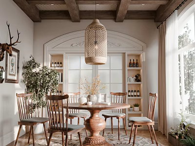 Dining Room Interior With Wooden Ceiling Pendant Lamp Round Table Large Windows And Plants 3d model