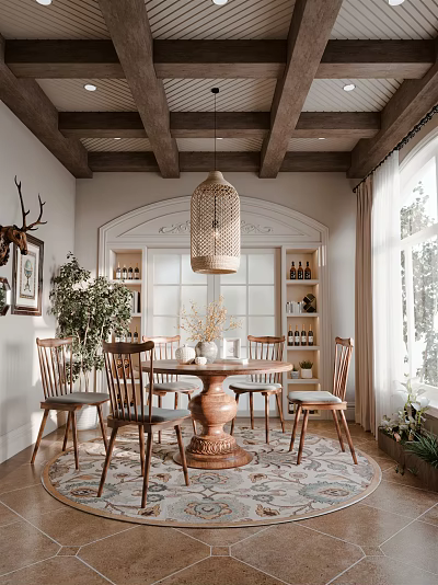 Dining Room Interior With Wooden Ceiling Pendant Lamp Round Table Large Windows And Plants 3d model