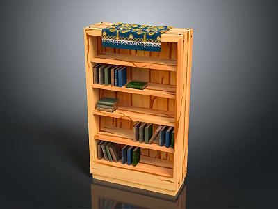 Wooden Bookshelf With Multiple Shelves Holding Books And Decorative Top Fabric 3d model
