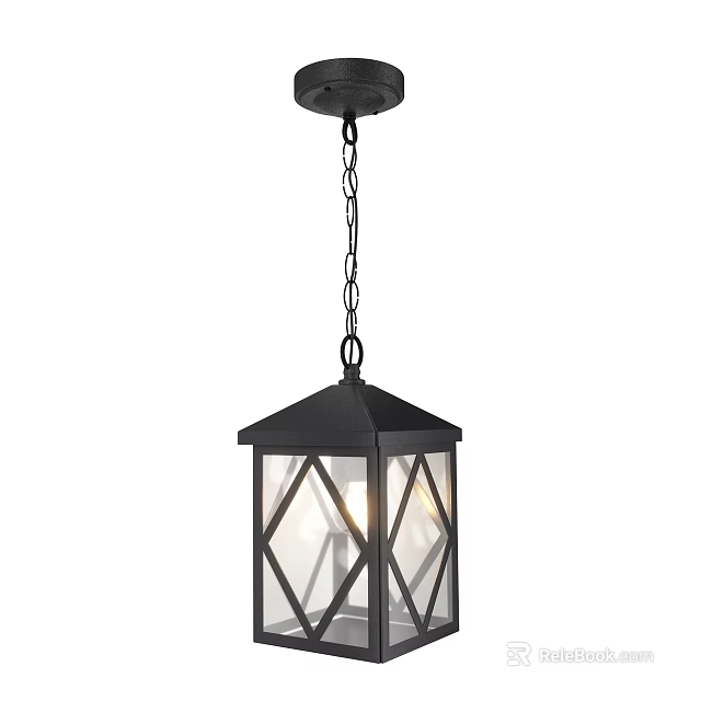 Rustic Lantern Style Chandelier with Black Frame and Diamond Shaped Glass Panels 3d model 