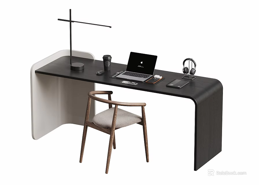 Curved Black Desk and Wooden Chair Set with Laptop Table Lamp Headphones and Mug 3d model 