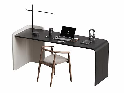 Curved Black Desk and Wooden Chair Set with Laptop Table Lamp Headphones and Mug 3d model