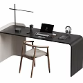 Curved Black Desk and Wooden Chair Set with Laptop Table Lamp Headphones and Mug