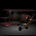 Vintage Red Biplane with Worn Metal Surface and Yellow Propeller on Dark Background