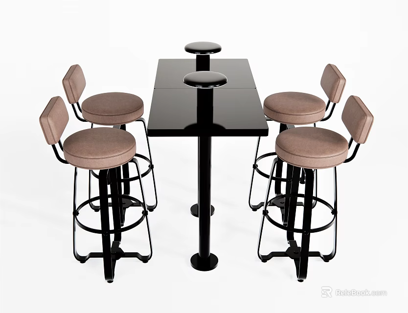Modern Bar Counter With Black Tabletop And Brown Bar Stools Seating 3d model