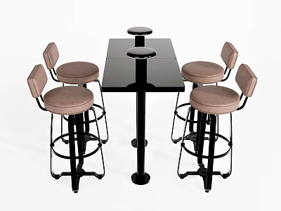 Modern Bar Counter With Black Tabletop And Brown Bar Stools Seating 3d model