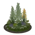 Round Flower Bed Planter With Various Green Shrubs And Purple Flowers In Decorative Outdoor Garden