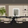 Modern Restaurant Interior With Round Black Dining Table White Chairs Potted Plant And Wooden Shelves